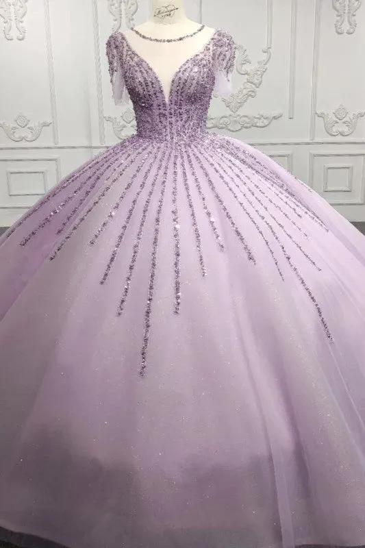 Princess Sheer Neck Long Prom Dresses Short Sleeves Ball Gown Quinceanera Dresses