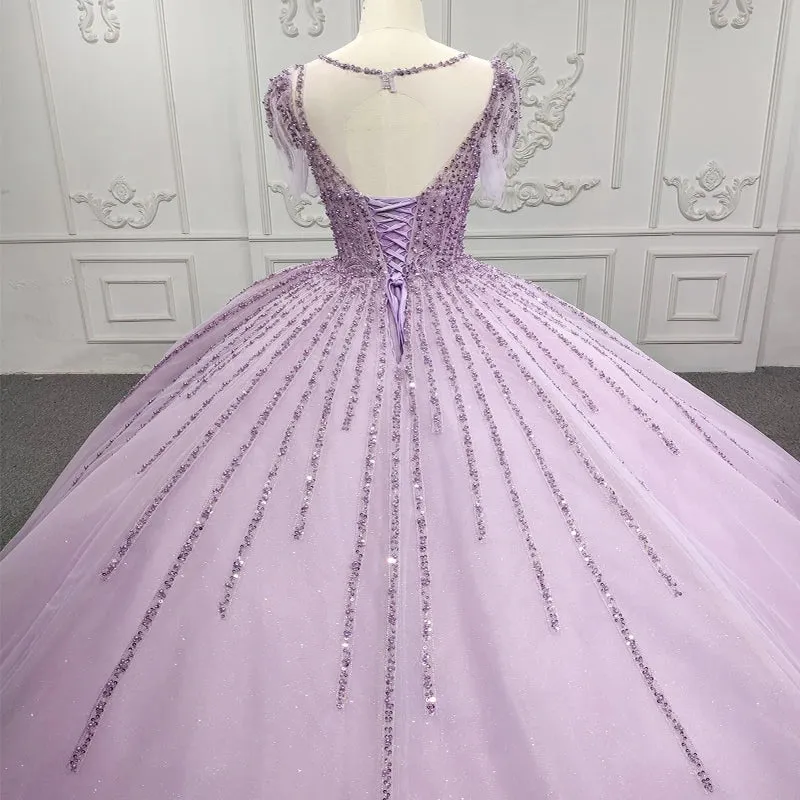 Princess Sheer Neck Long Prom Dresses Short Sleeves Ball Gown Quinceanera Dresses