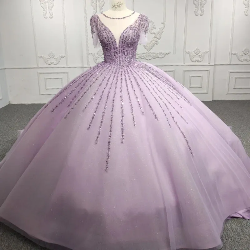 Princess Sheer Neck Long Prom Dresses Short Sleeves Ball Gown Quinceanera Dresses