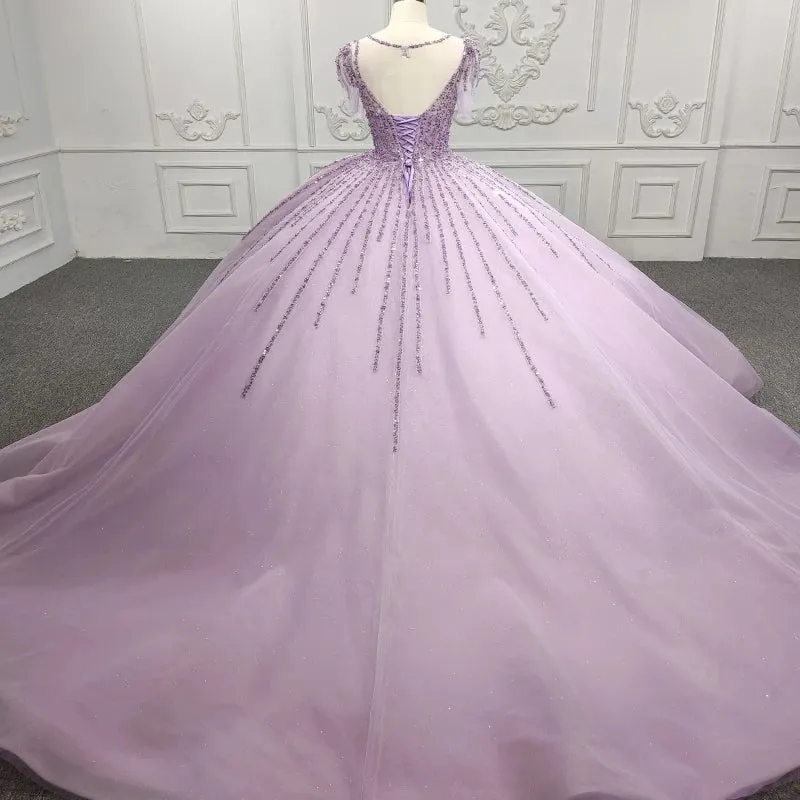 Princess Sheer Neck Long Prom Dresses Short Sleeves Ball Gown Quinceanera Dresses