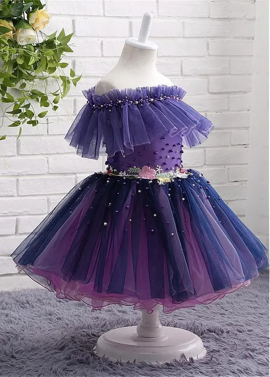 Purple Flower Girl Dresses With Beadings & Handmade Flowers