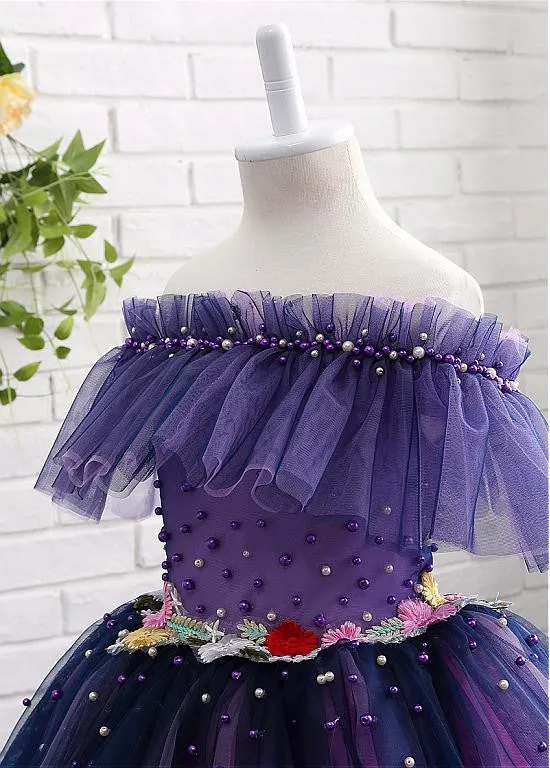Purple Flower Girl Dresses With Beadings & Handmade Flowers
