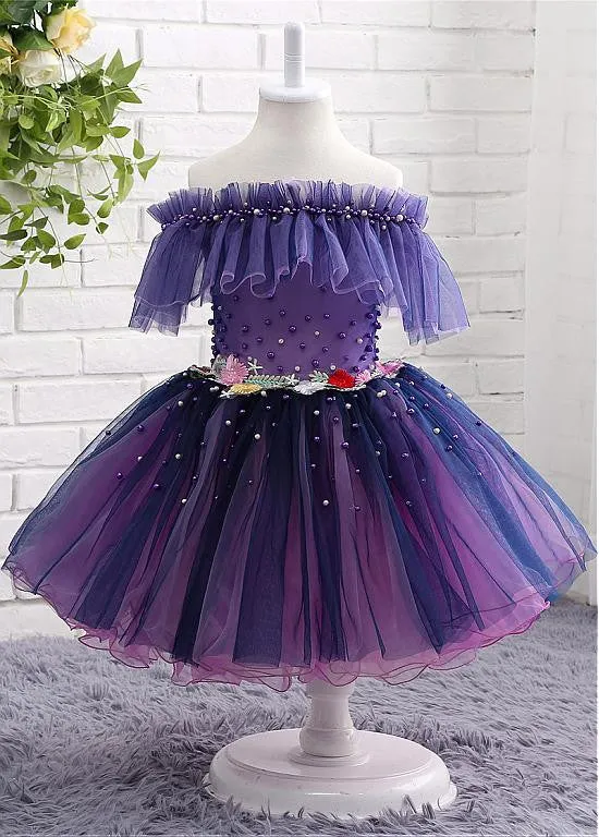 Purple Flower Girl Dresses With Beadings & Handmade Flowers