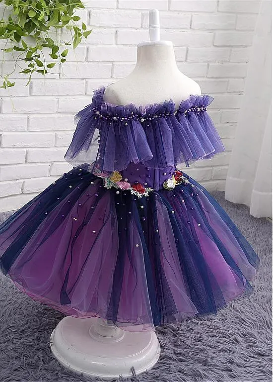 Purple Flower Girl Dresses With Beadings & Handmade Flowers