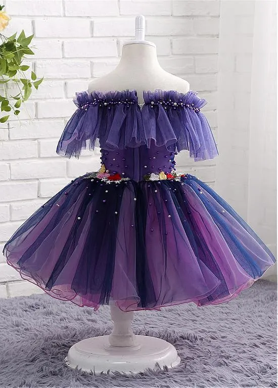 Purple Flower Girl Dresses With Beadings & Handmade Flowers