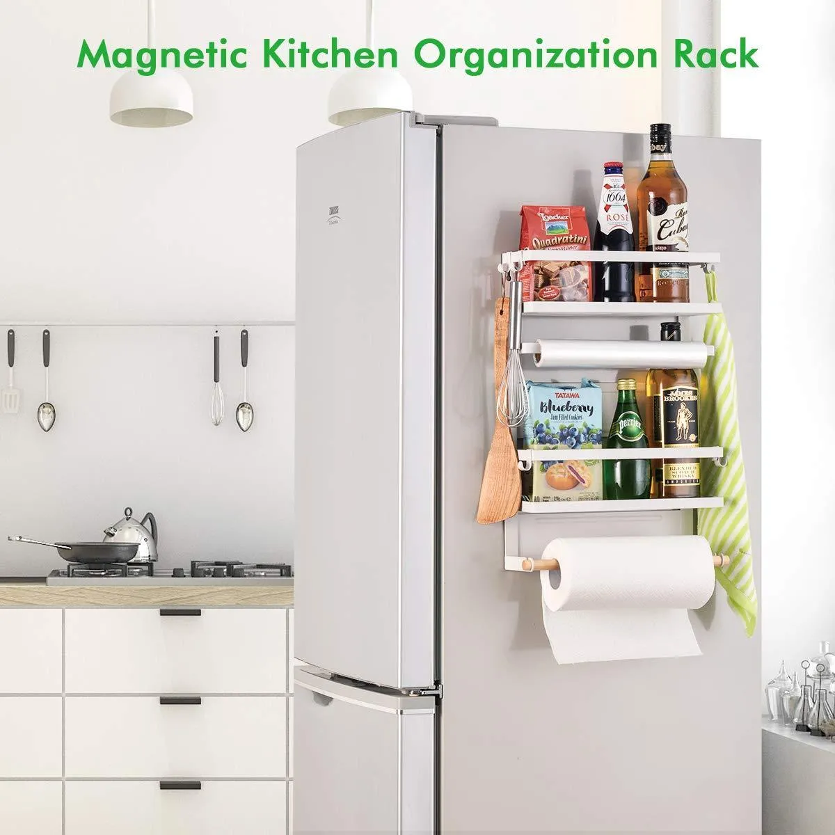 Refrigerator Organizer Rack Magnetic Kitchen Magnetic Holder With Hook Strong Power magnet For Paper Towel Holder Rustproof Spice Jars Rack Refrigerator Shelf Storage Hanger Oganizer Tool 19 X13X5.3IN