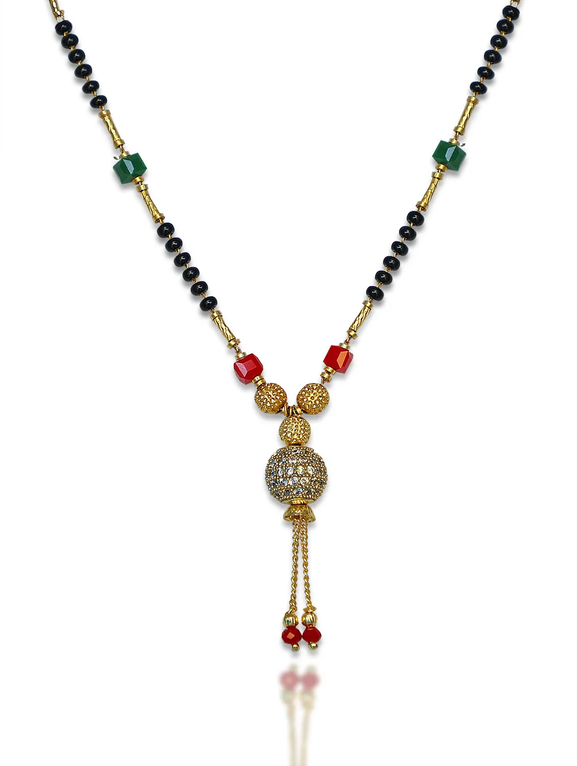 Short Mangalsutra Designs Ball Shape AD Pendant Gold Plated Red Green Beads with Latkan (20 Inches)