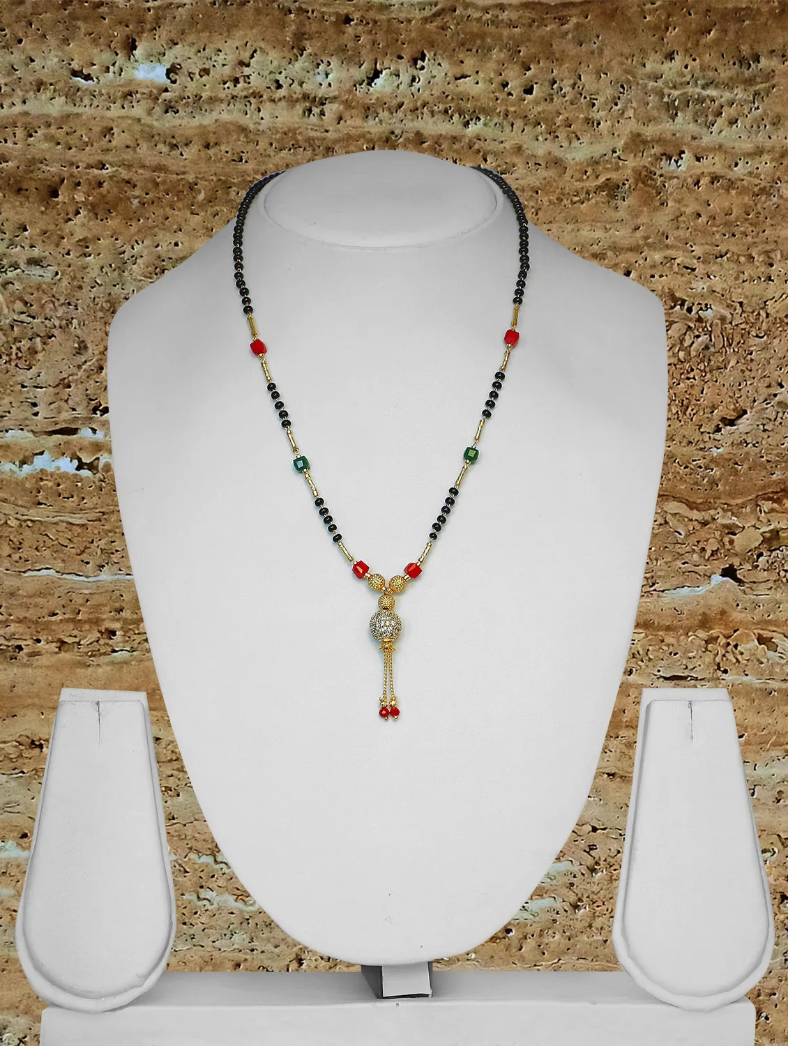 Short Mangalsutra Designs Ball Shape AD Pendant Gold Plated Red Green Beads with Latkan (20 Inches)