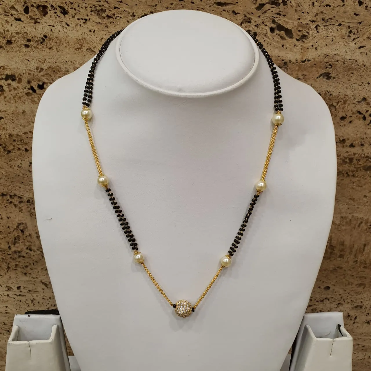 Short Mangalsutra Designs Gold Plated Latest AD White Ball Stone Studded with Pearl Mangalsutra