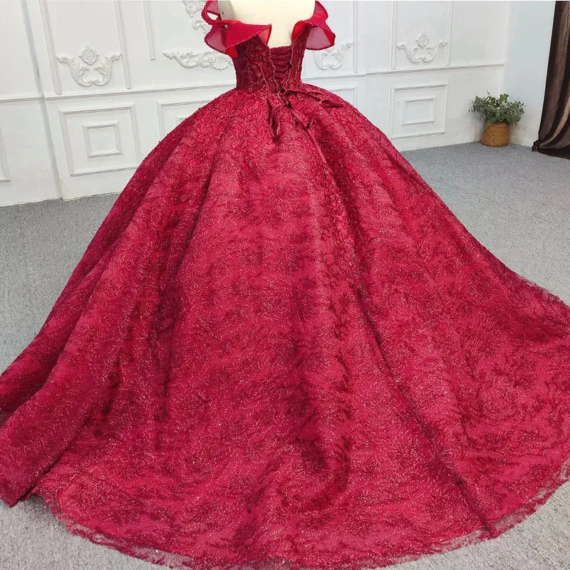 Simple Red V-neck Ball Gown Pleated Lace Up Evening Party Dress