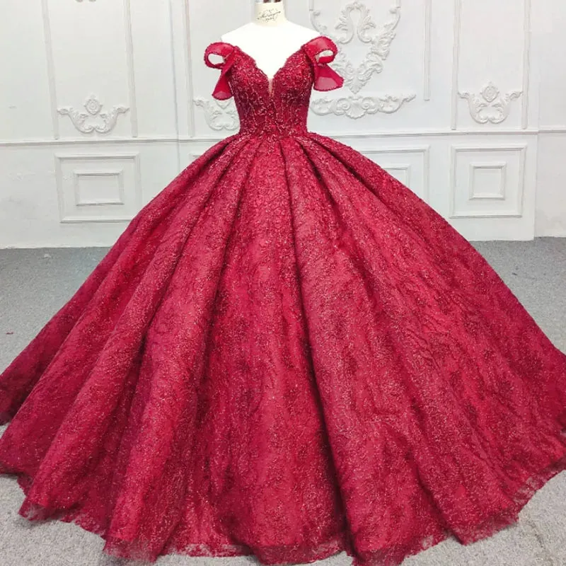 Simple Red V-neck Ball Gown Pleated Lace Up Evening Party Dress