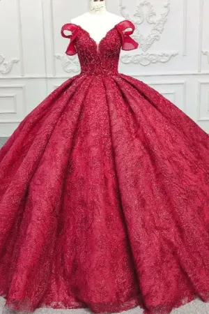 Simple Red V-neck Ball Gown Pleated Lace Up Evening Party Dress