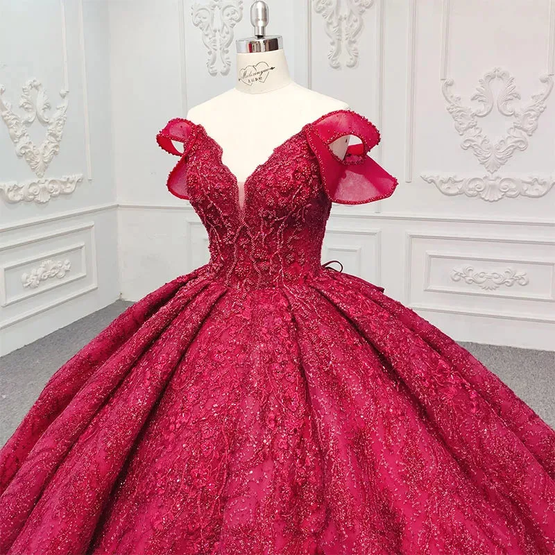 Simple Red V-neck Ball Gown Pleated Lace Up Evening Party Dress