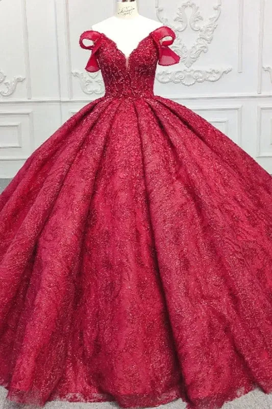 Simple Red V-neck Ball Gown Pleated Lace Up Evening Party Dress