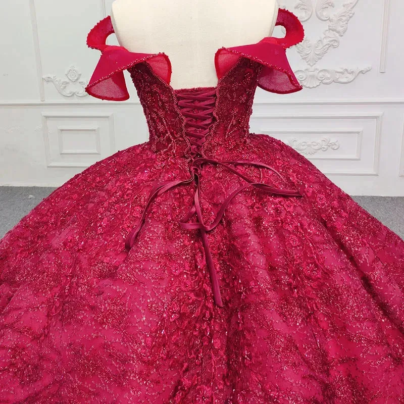 Simple Red V-neck Ball Gown Pleated Lace Up Evening Party Dress