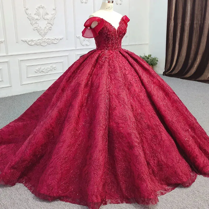 Simple Red V-neck Ball Gown Pleated Lace Up Evening Party Dress