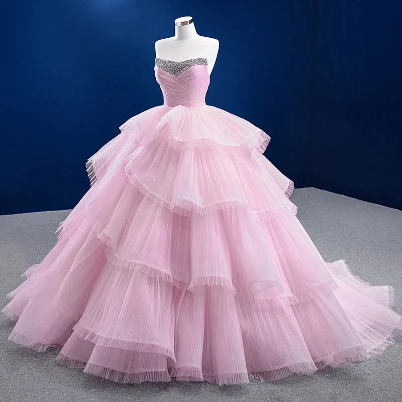 Simple Tiered Ball Gown Elegant Lace Up Long Evening Dresses with Diamonds