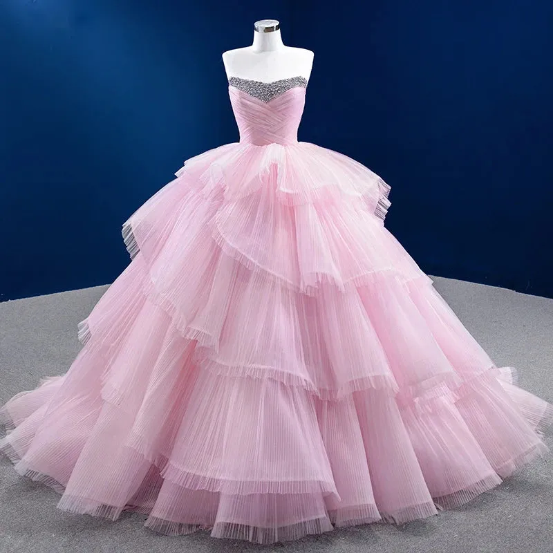 Simple Tiered Ball Gown Elegant Lace Up Long Evening Dresses with Diamonds