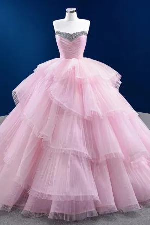 Simple Tiered Ball Gown Elegant Lace Up Long Evening Dresses with Diamonds