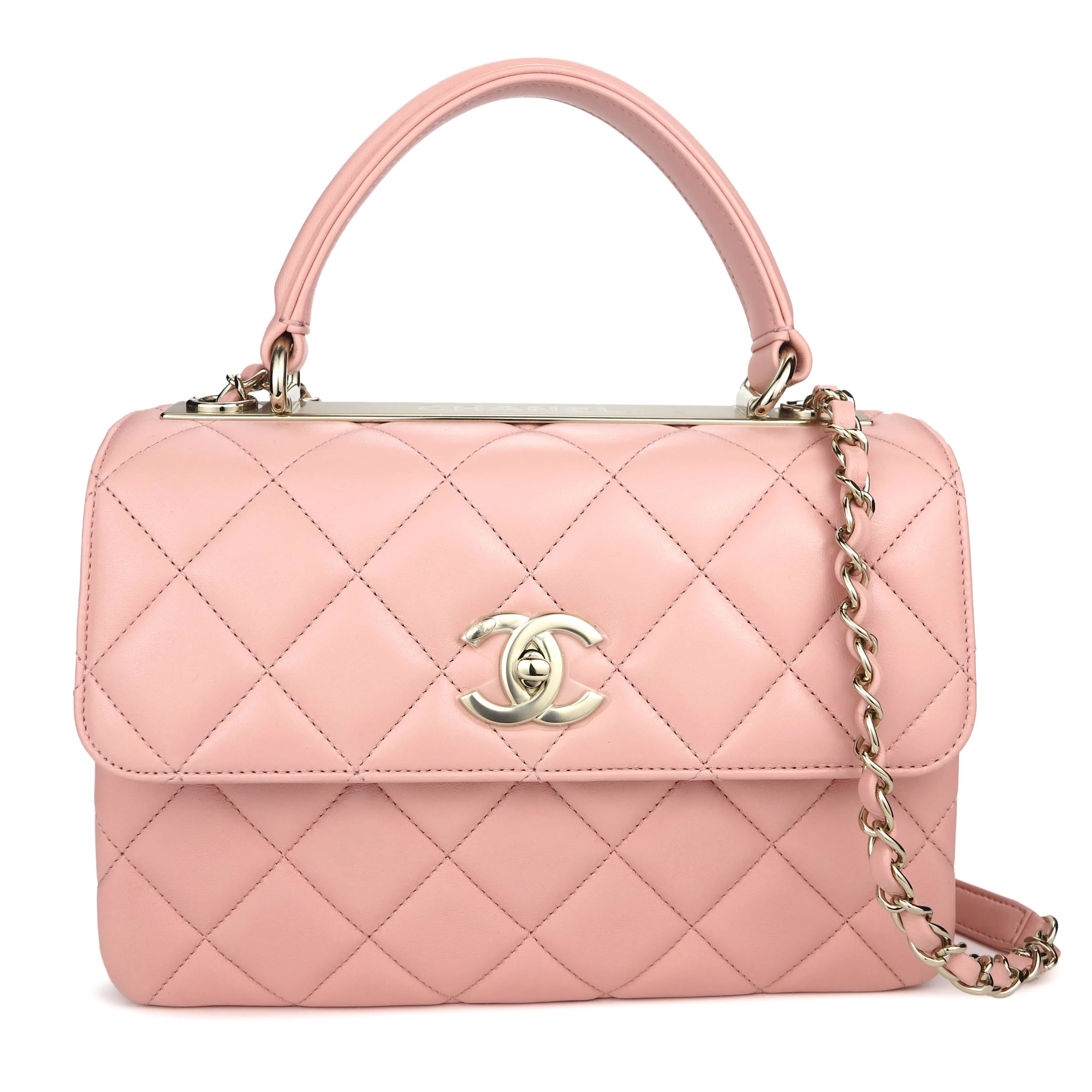 Small Trendy CC Flap Bag with Top Handle in Pink Lambskin
