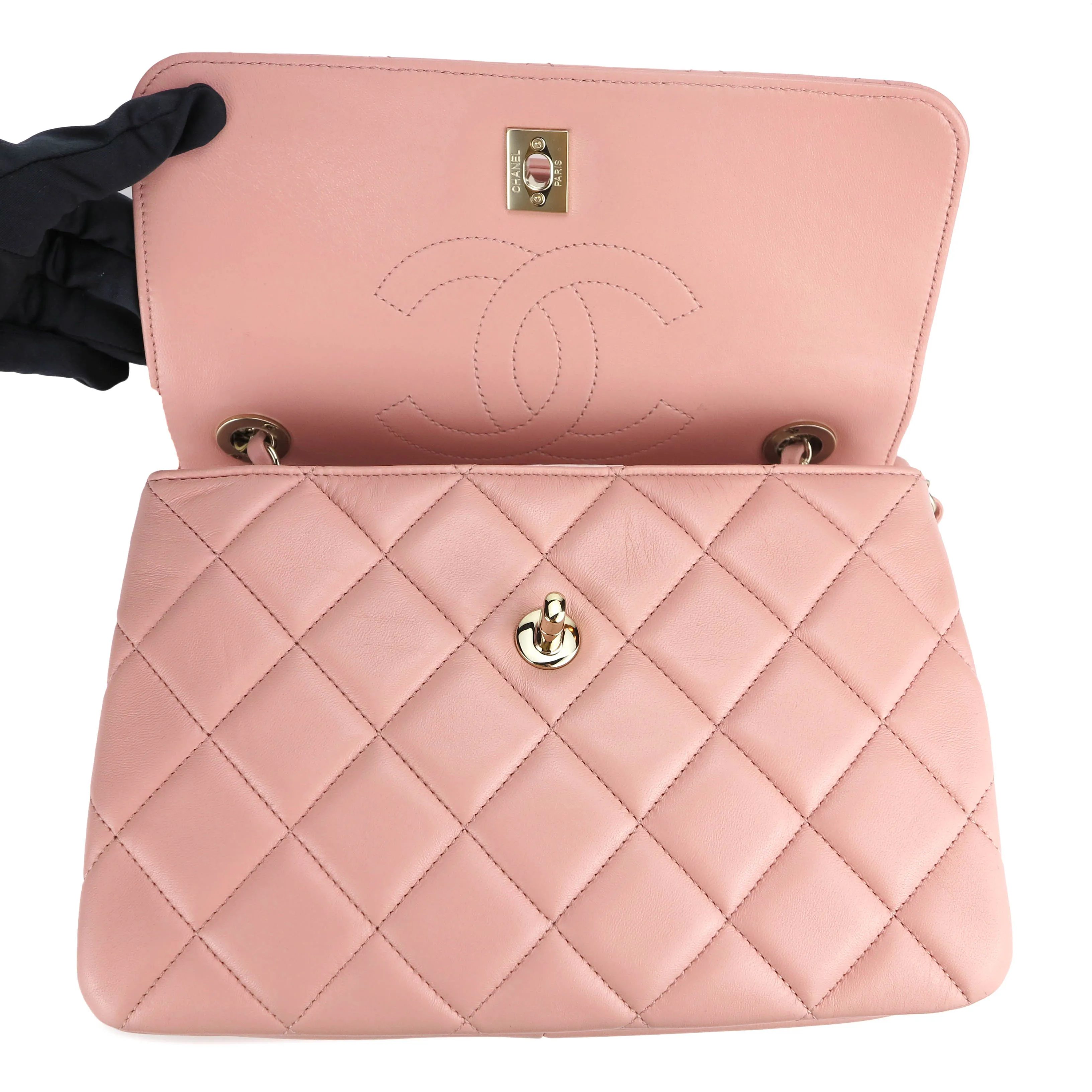 Small Trendy CC Flap Bag with Top Handle in Pink Lambskin