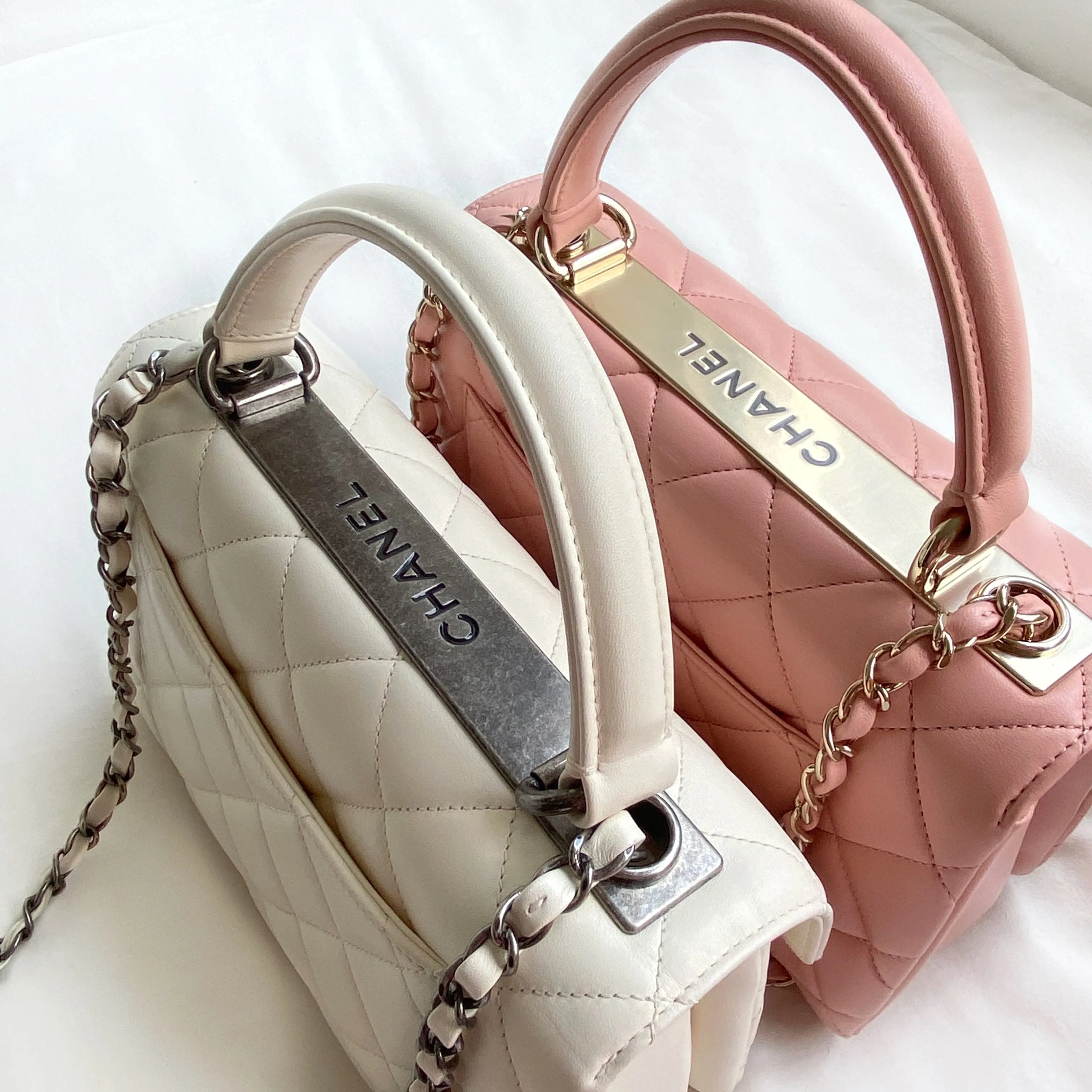 Small Trendy CC Flap Bag with Top Handle in Pink Lambskin