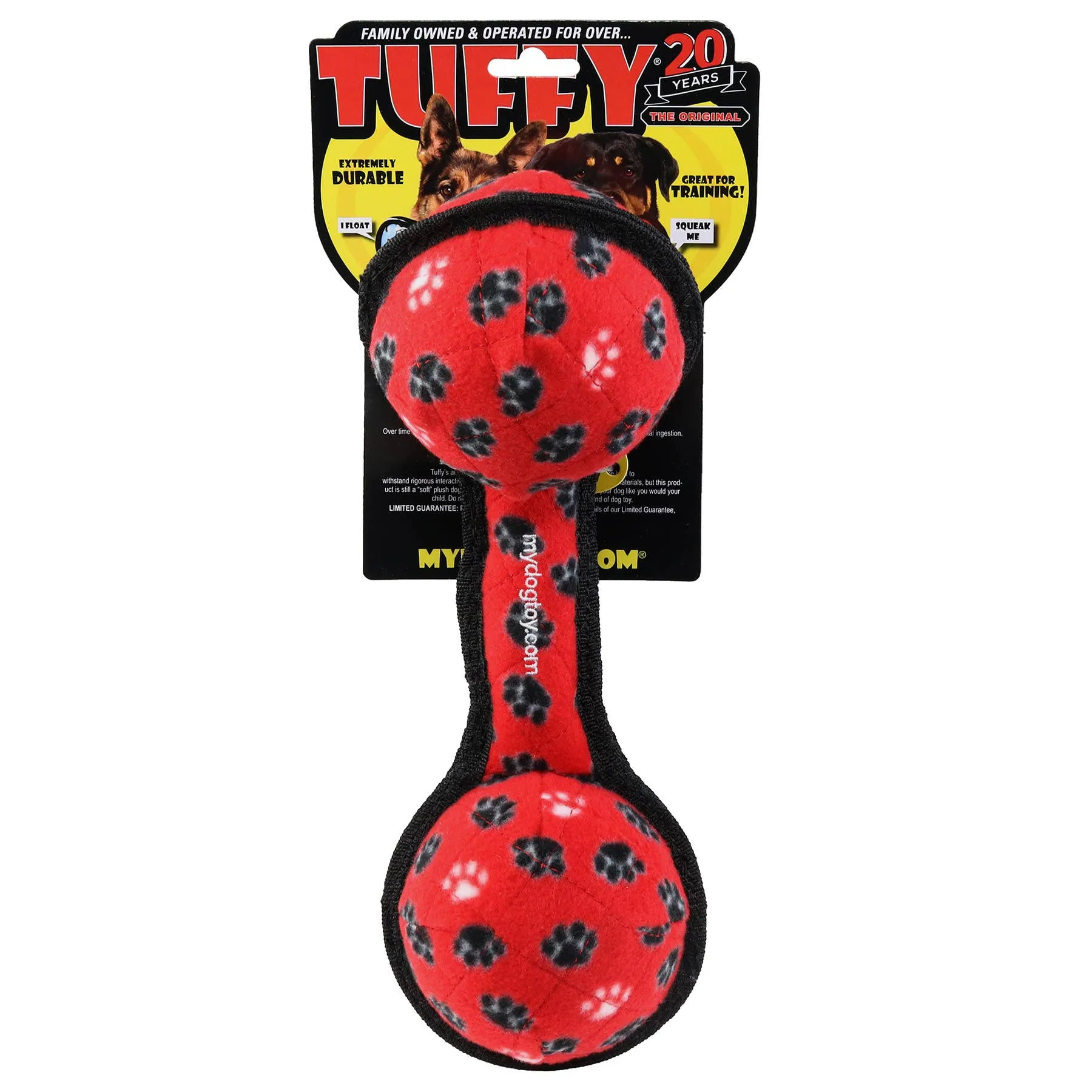 Tuffy Ultimate 2 Ball Tug Red Paw, Durable Squeaky Dog Toy