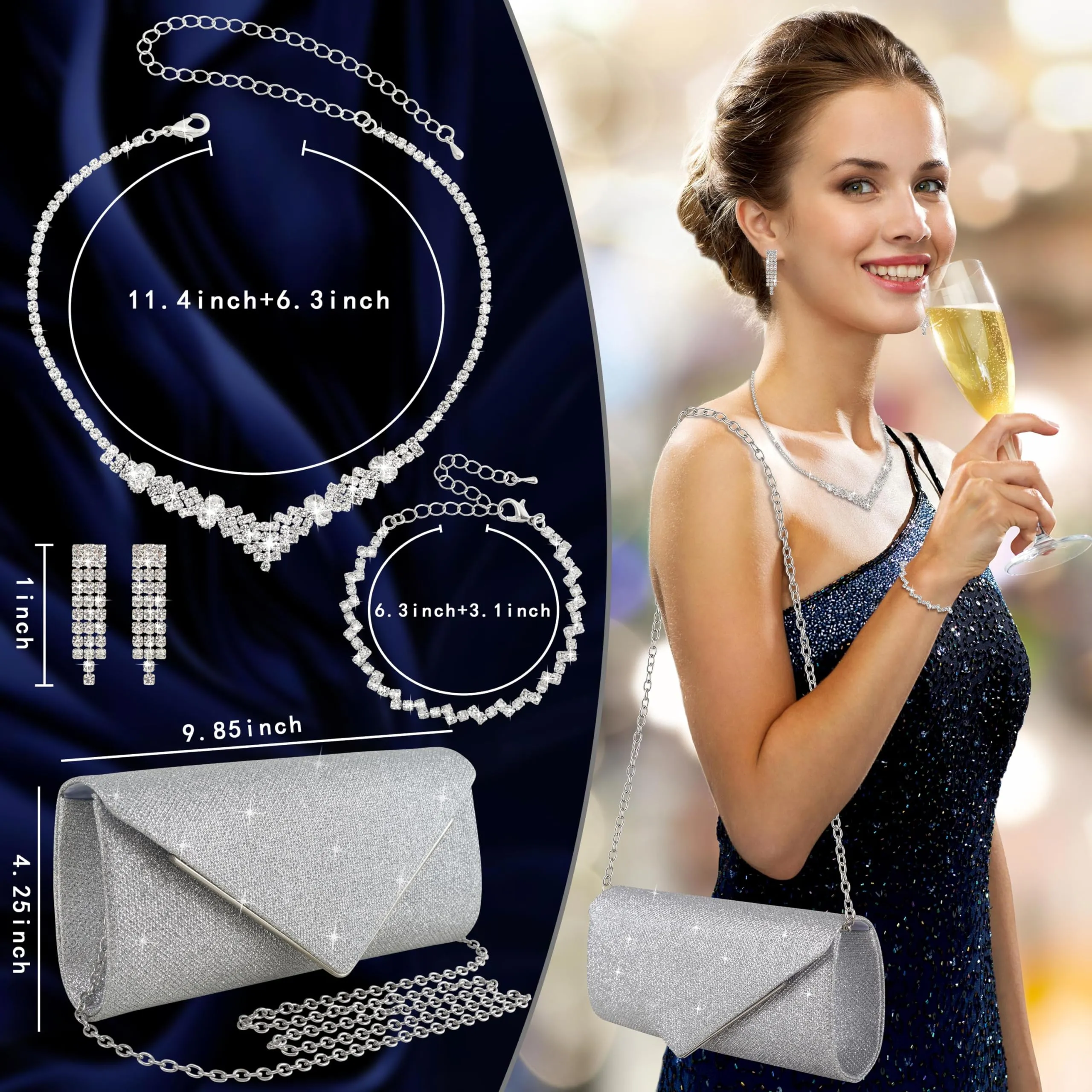Ubysoyi 4Pcs Silver Clutch Bag Jewelry Set, Rhinestone Shiny Evening bag