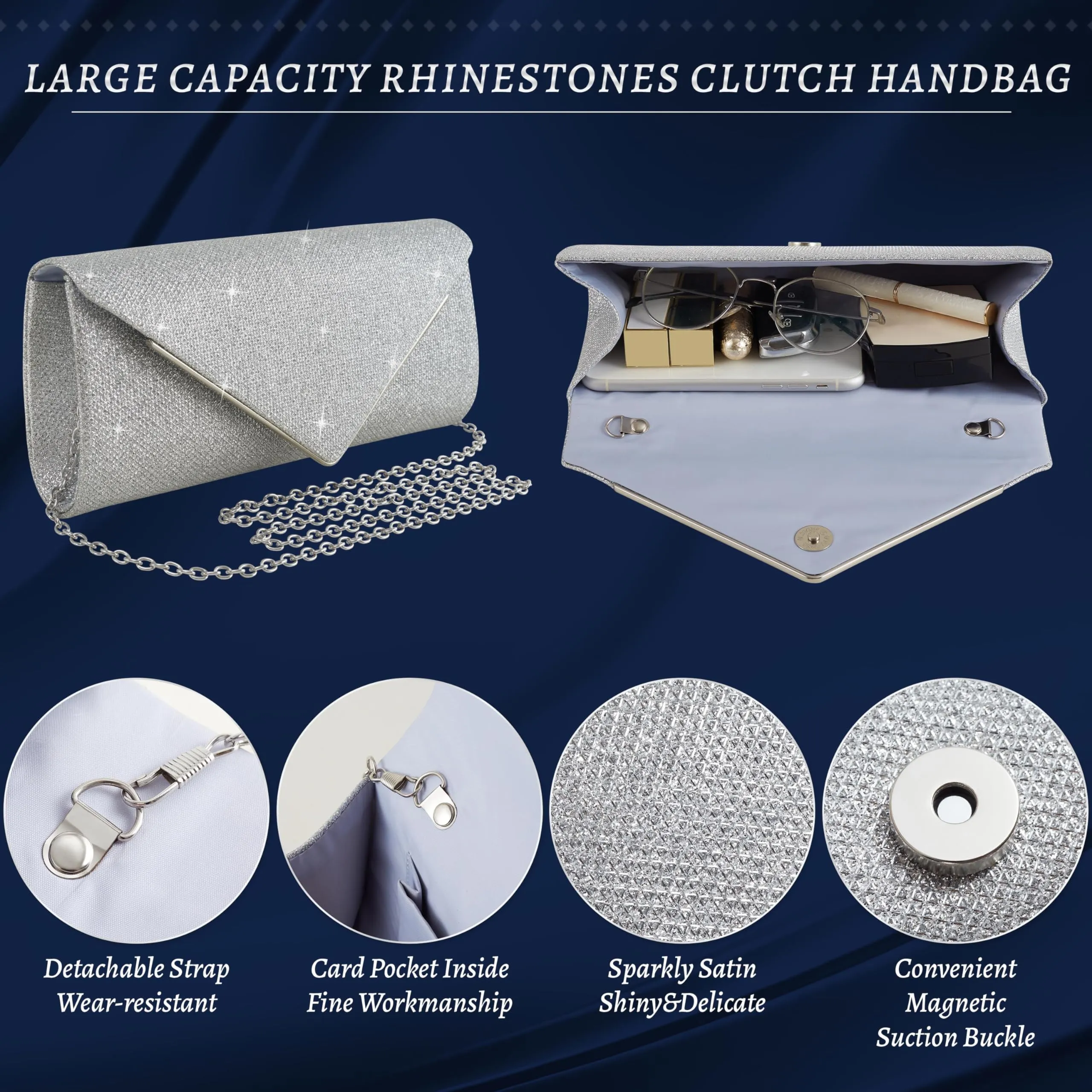 Ubysoyi 4Pcs Silver Clutch Bag Jewelry Set, Rhinestone Shiny Evening bag