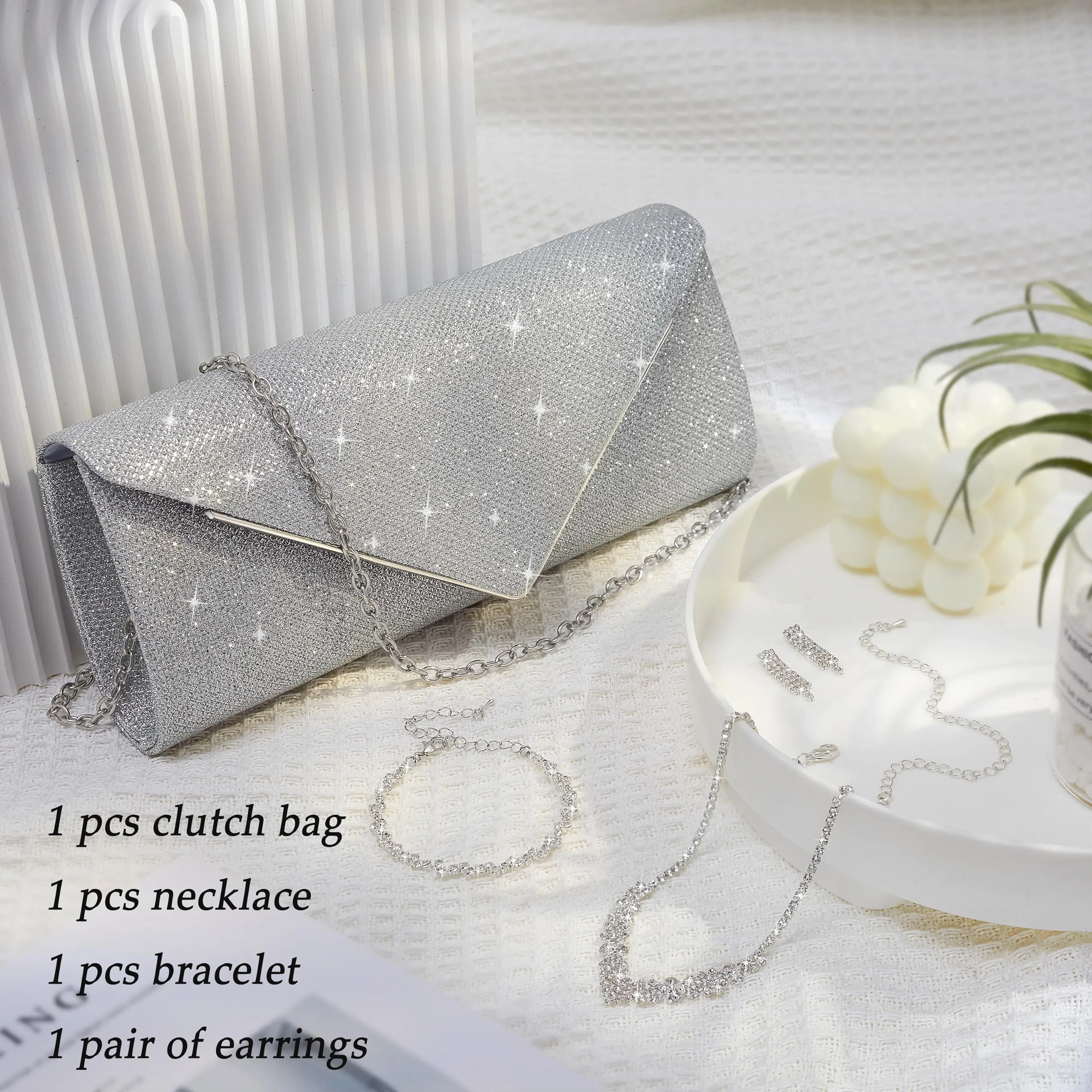 Ubysoyi 4Pcs Silver Clutch Bag Jewelry Set, Rhinestone Shiny Evening bag