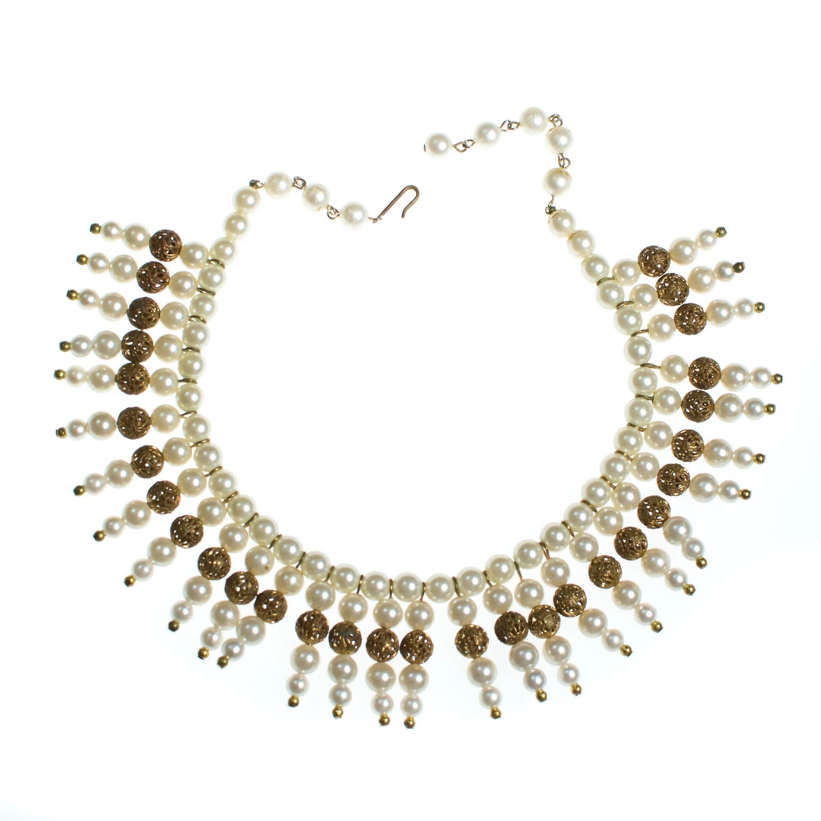 Vintage 1940s Pearl and Gold Filigree Bib Statement Necklace
