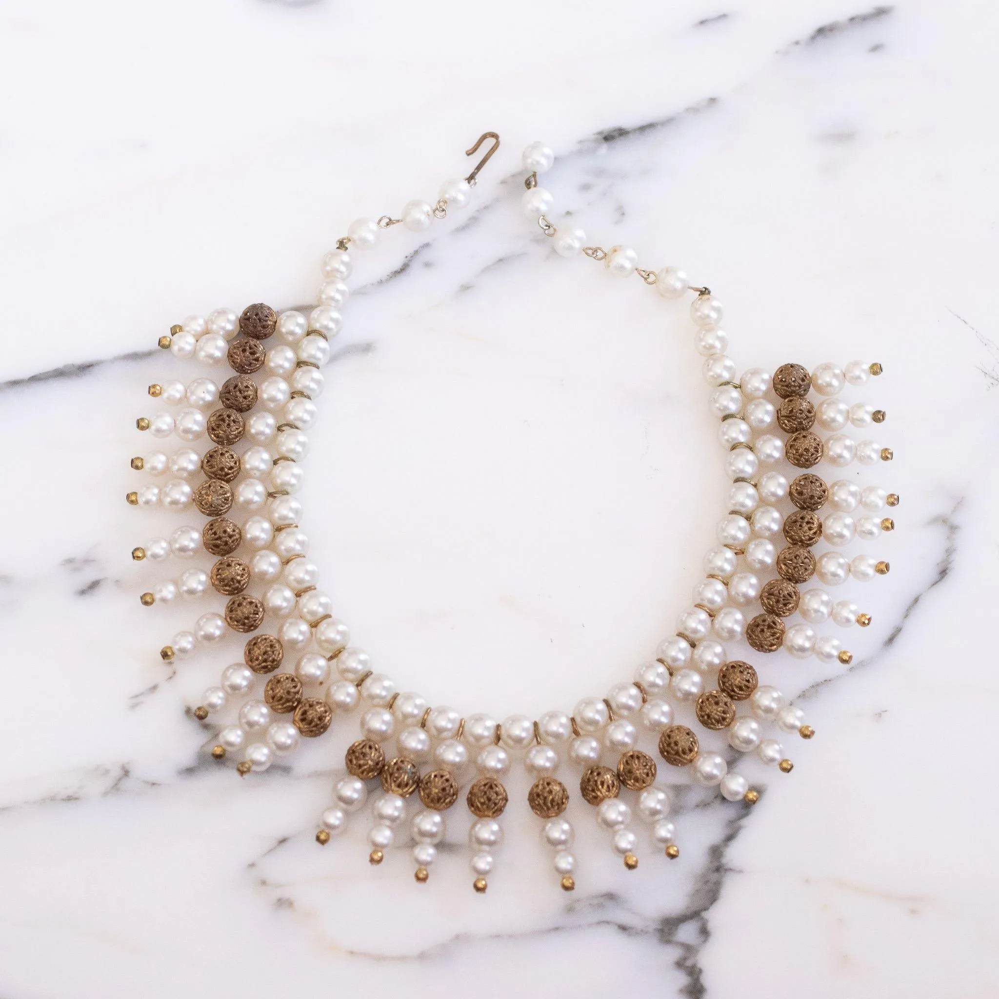 Vintage 1940s Pearl and Gold Filigree Bib Statement Necklace