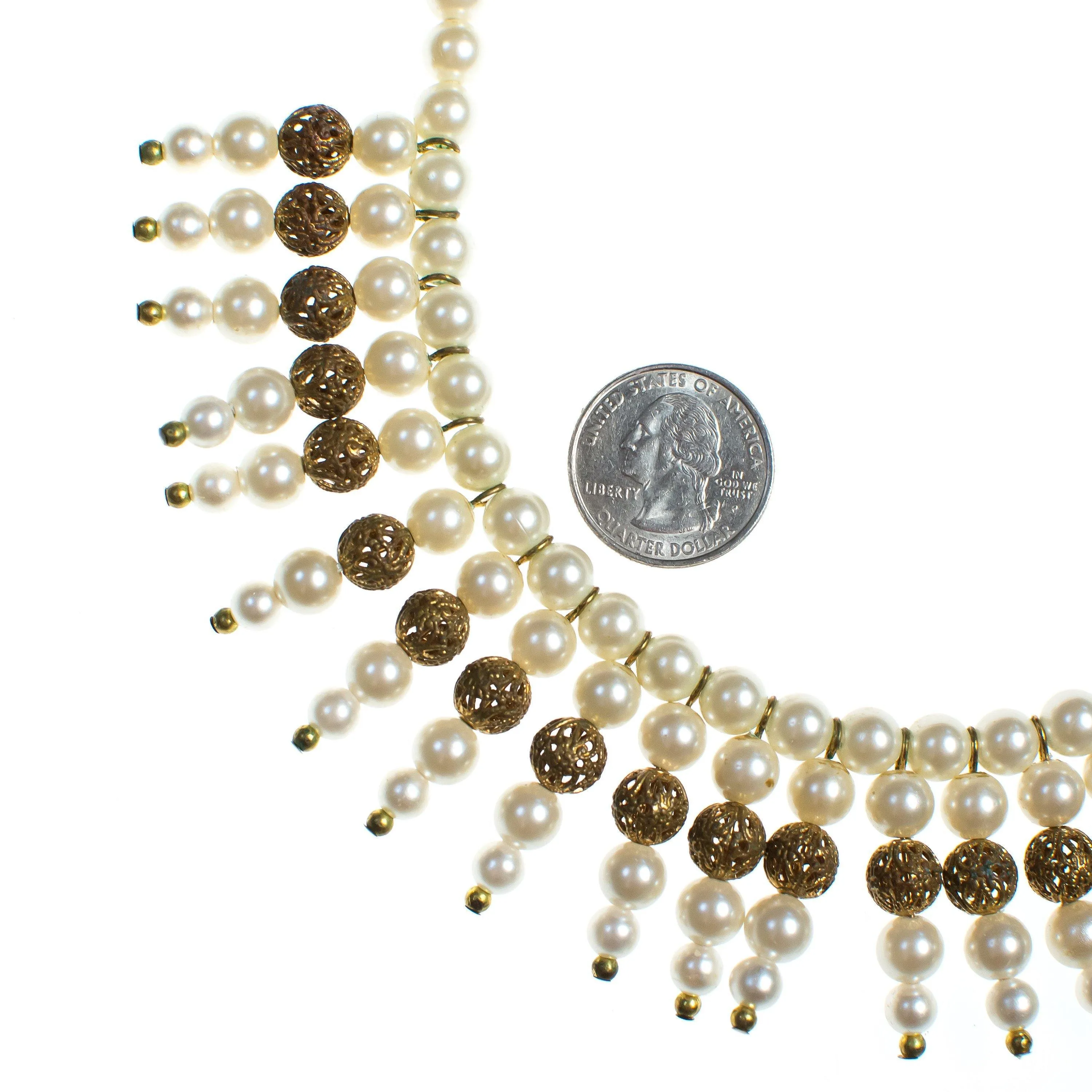 Vintage 1940s Pearl and Gold Filigree Bib Statement Necklace
