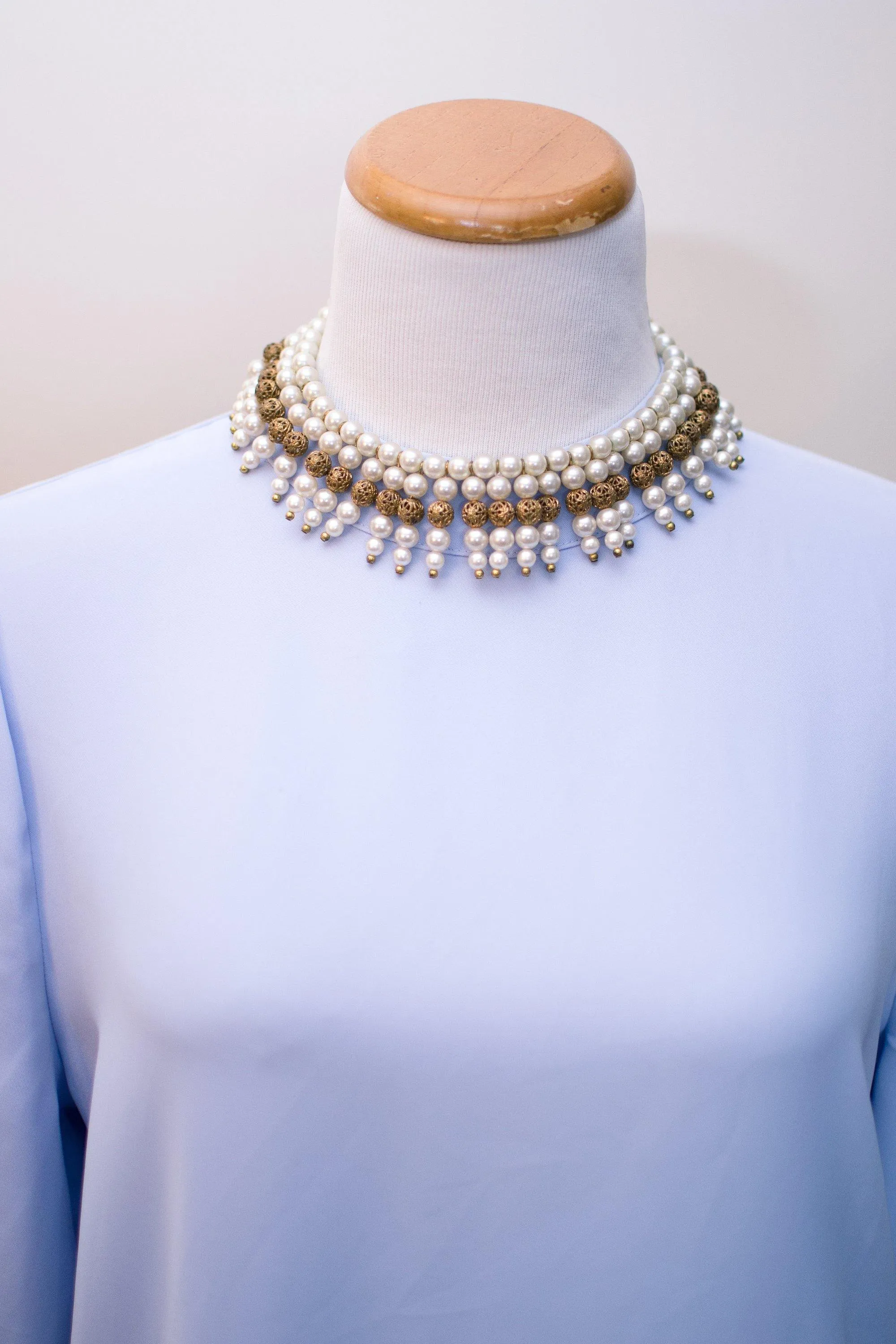 Vintage 1940s Pearl and Gold Filigree Bib Statement Necklace