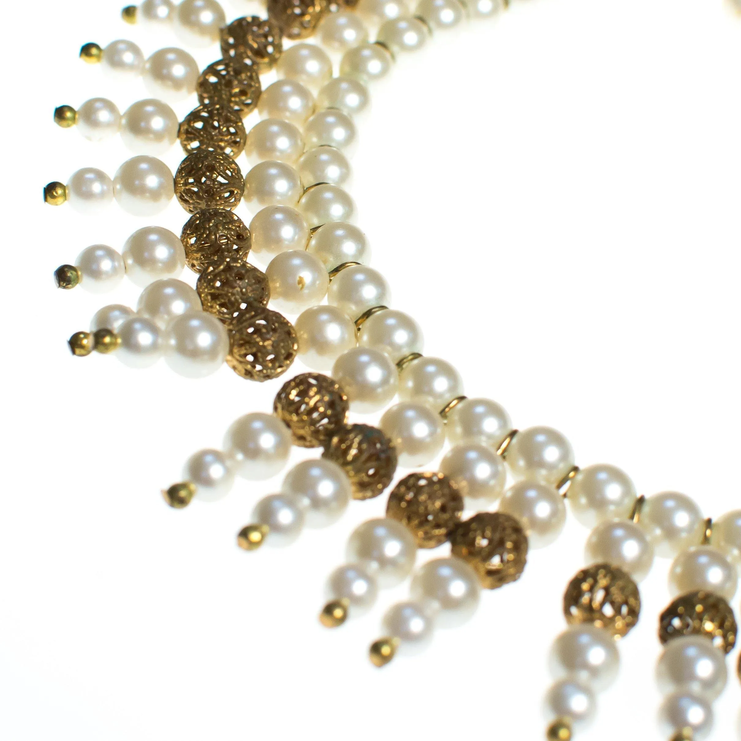 Vintage 1940s Pearl and Gold Filigree Bib Statement Necklace