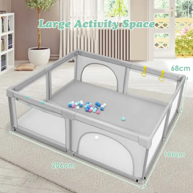 XXL Baby Playpen and Ball Pool | 50 FREE balls & 4 FREE pull-up rings | 2m  x 1.86m | Grey