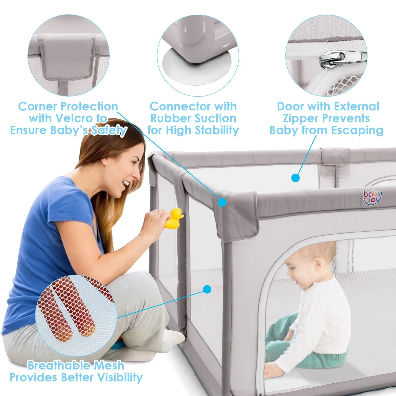 XXL Baby Playpen and Ball Pool | 50 FREE balls & 4 FREE pull-up rings | 2m  x 1.86m | Grey