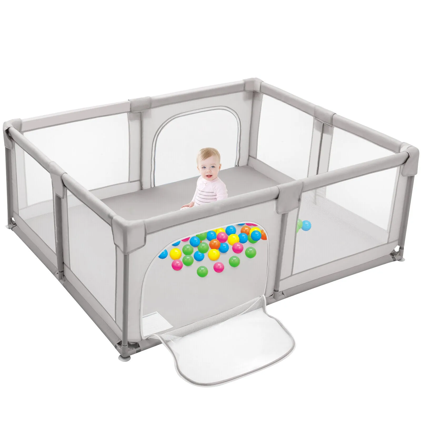 XXL Baby Playpen and Ball Pool | 50 FREE balls & 4 FREE pull-up rings | 2m  x 1.86m | Grey