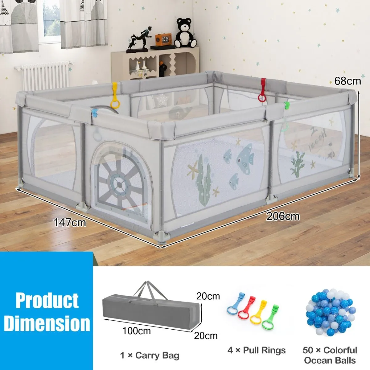 XXL Baby Playpen and Ball Pool with Carry Bag  & Pull-up Rings| Mesh Fabric | 2. x 1.47m | Fish Friends | Grey