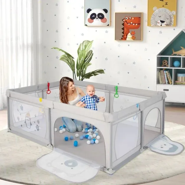 XXL Baby Playpen and Ball Pool with Carry Bag  & Pull-up Rings| Mesh Fabric | 2. x 1.47m | Polar Pals | Grey