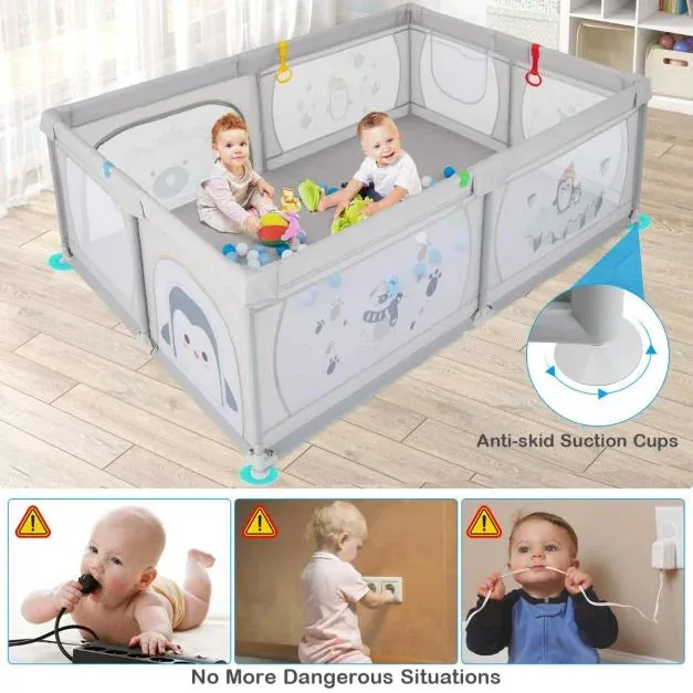 XXL Baby Playpen and Ball Pool with Carry Bag  & Pull-up Rings| Mesh Fabric | 2. x 1.47m | Polar Pals | Grey