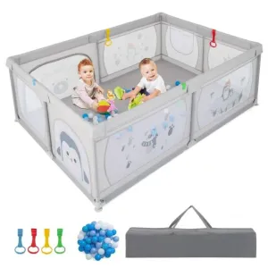 XXL Baby Playpen and Ball Pool with Carry Bag  & Pull-up Rings| Mesh Fabric | 2. x 1.47m | Polar Pals | Grey