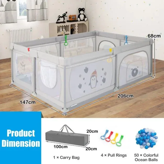 XXL Baby Playpen and Ball Pool with Carry Bag  & Pull-up Rings| Mesh Fabric | 2. x 1.47m | Polar Pals | Grey